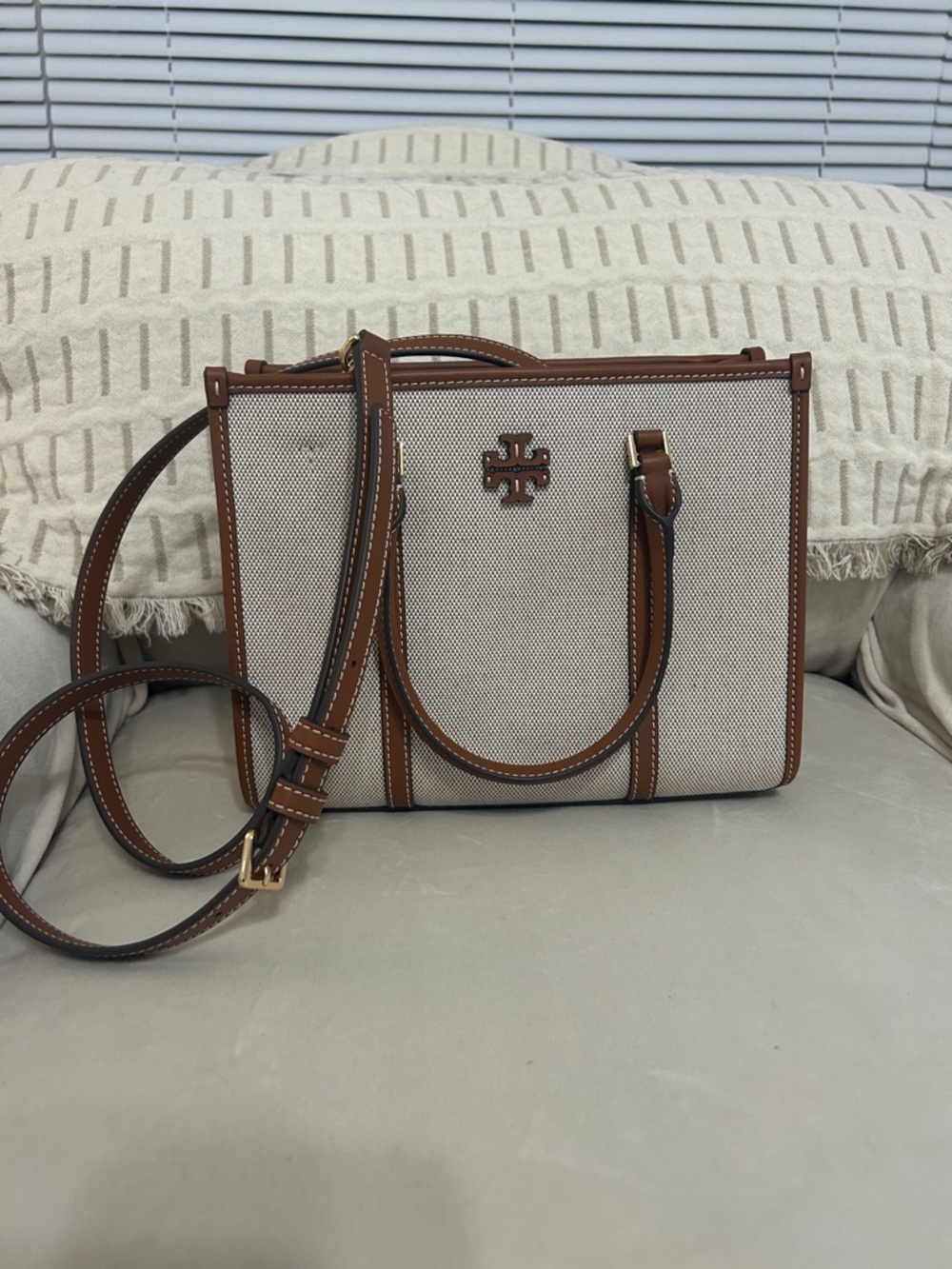 Tory Burch Small Blake Cream Canvas Satchel with Brown Leather Trim